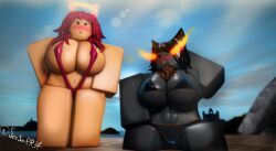 2girls 3d abs animal_ears areolae beach bikini black_hair blush breasts cameltoe chest_tuft dark-skinned_female halo hand_behind_head hellhound large_breasts light-skinned_female monster_girl not_furry open_mouth red_hair roblox robloxian seesee sitting sitting_on_floor steaming_body sweat swimsuit thong