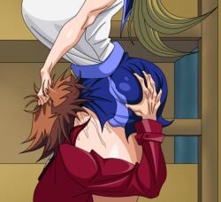 1boy 1girls alexis_rhodes bedroom big_ass big_breasts blonde_hair blue_skirt brown_hair eating_pussy face_between_thighs grabbing_ass grabbing_hair huge_ass huge_breasts jaden_yuki jiivutorion large_ass large_breasts light-skinned_female long_hair red_jacket sloppy tenjouin_asuka thick_thighs tight_clothes white_jacket yu-gi-oh! yu-gi-oh!_gx yuuki_juudai