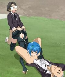 1girl2boys bald big_glasses black_hair black_leotard blue_hair closed_eyes commission cumming_in_mouth cumming_inside fingerless_gloves grabbing_ass green_hair_streak high_school_dxd kuoh_academy_school_uniform matsuda_(high_school_dxd) motohama_(highschooldxd) on_grass oral_sex outdoors painting_(artwork) penetration pleasured_face short_hair skin_tight_outfit threesome topless_male xenovia_quarta yellow_eyes 疾风霸者