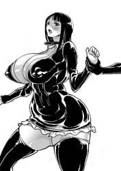 black_clothing black_hair blush breasts cleavage curvy erect_nipples female hamiltan huge_breasts leather_minidress long_hair male nico_robin one_piece pre-timeskip tagme thick_thighs thighhighs water_7 wide_hips