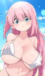 bare_shoulders bikini blue_eyes blue_sky blush bocchi_the_rock! bouncing_breasts breasts closed_mouth collarbone covered_erect_nipples cube_hair_ornament day female gotou_hitori h14_drawing hair_between_eyes hair_ornament large_breasts long_hair looking_at_viewer navel one_side_up outdoors pink_hair shaded_face sky solo stomach swimsuit white_bikini worried