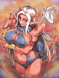 blush cleavage clothing demon dragon_quest dragon_quest_x erect_nipples erect_nipples_under_clothes female hisahiko horns large_breasts long_hair looking_at_viewer ogre_(dq10) oni oni_horns red_eyes red_skin tagme tail white_hair