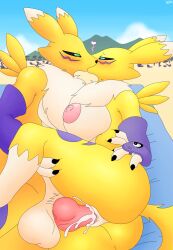 anthro ass balls bandai_namco beach big_balls big_breasts big_butt big_penis black_sclera blue_eyes blush blush_lines bodily_fluids breasts chest_tuft clothing cum cum_in_pussy cum_inside curvy_figure dgfox digimon digimon_(species) digital_media_(artwork) duo facial_markings female foxmon_(dgfox) genital_fluids genitals gloves green_eyes handwear happy happy_sex head_markings heart_symbol hi_res hug huge_breasts kissing knot looking_at_another looking_pleasured lying male male/female mammal markings mountain nipples penetration penis pubes renamon romantic romantic_couple sand sex sky towel tuft vaginal_penetration vaginal_penetration wide_hips