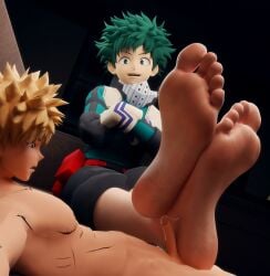 3d bakugou_katsuki boku_no_hero_academia crossed_ankles cumming feet feet_fetish foot_fetish footjob gay giant izuku_midoriya katsuki_bakugou macrophilia male_only midoriya_izuku mrgtsfloop my_hero_academia nude_male_clothed_male soles