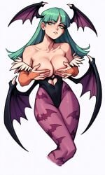 1girls ai_generated annoyed annoyed_expression black_leotard capcom covered_nipples covering_nipples darkstalkers dress green_hair heart_cutout kosine1777 large_breasts leotard long_hair morrigan_aensland purple_tights succubus wings_on_head