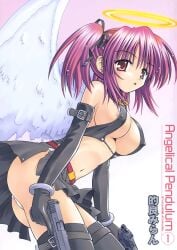 angel angel_wings angelical_pendulum areola_slip ass_visible_through_thighs bare_belly bare_shoulders belly_button big_breasts boots breasts detached_sleeves doujinshi earrings gun halo hoshiyumi_chiseri matra_milan medium_hair open_mouth panties purple_hair red_eyes sideboob skirt thighs twintails underboob white_panties zettai_ryouiki