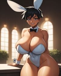 ai_generated big_breasts black_hair bunny_ears bunnysuit casino playboy_bunny short_hair slim_waist smiling thick_thighs tomboy