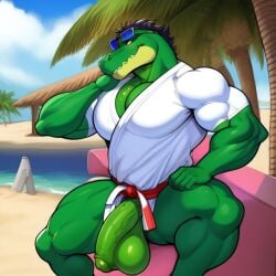 1boy 1furry 1male ai_generated alligator anthro beach big_balls big_penis brutal_paws_of_fury crocodile crocodilian erection frosting.ai furry furry_balls furry_male furry_only furry_penis gay gay_male green_body karate_croc male male_focus male_only muscle muscles muscular muscular_anthro muscular_male red_eyes reptile reptile_humanoid smiling solo solo_focus solo_male sugar1989 sunglasses sunglasses_on_head video_game video_game_character