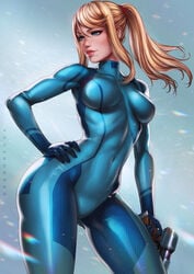 absurdres artist_name beauty_mark blonde_hair blue_eyes bodysuit breasts clothed covered_navel cowboy_shot curvy dandon_fuga eyelashes female female_only firearm fully_clothed gun hand_on_hip handgun highres holding_weapon human large_breasts lipstick long_hair metroid mole nintendo ponytail ranged_weapon samus_aran shiny shiny_clothes sidelocks solo standing tied_hair tight_clothes tight_clothing toned weapon zero_suit zero_suit_samus