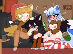 1boy 1boy2girls 2girls artist_collab black_ears black_tail blonde_hair blonde_tail blowjob blue_ears blue_eyes blue_hair blue_tail_tip blush bow breasts cat_boy cat_ears cat_tail catgirl christmas christmas_background christmas_clothing christmas_hat christmas_outfit christmas_stocking christmas_sweater collaboration cum cum_in_mouth deer_horns dragon_tail gacha gacha_club gacha_heat gacha_life green_bow half_naked haru_(lewd_haru) iris_(irisdaonly) irisdaonly_(artist) lewd_haru_(artist) nicowashere nicuu_(nicowashere) open_eyes open_mouth penis penis_in_mouth red_eyes santa_hat stockings sweater tagme wink