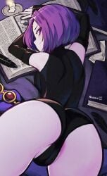 1girls ass black_feathers black_leotard book candle colored_skin dc_comics elbow_gloves feathers female fingerless_gloves forehead_jewel gloves grey_skin highres leotard looking_at_viewer looking_back purple_eyes purple_hair raven_(dc) short_hair solo sunset_nivaris teen_titans thigh_gap thighs