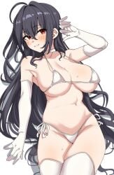 ahoge arm_up azur_lane bikini black_hair blush breasts choker crossed_bangs elbow_gloves female gloves hair_between_eyes hand_up highres long_hair looking_at_viewer micro_bikini navel parted_lips red_eyes revision seihekiog side-tie_bikini_bottom simple_background smile solo stomach swimsuit taihou_(azur_lane) thighhighs thighs underboob white_background white_bikini white_choker white_gloves white_thighhighs