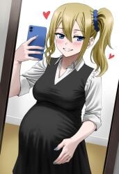 1girl ai_generated blush cellphone female grin half-closed_eyes hayasaka_ai heart holding_phone kaguya-sama_wa_kokurasetai_~tensai-tachi_no_renai_zunousen~ medium_breasts phone pregnant school_uniform selfie waroffree