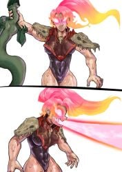 1girls amphibia armor breastplate cameltoe energy_beam flaming_hair glowing_eyes medium_breasts multiple_panels pink_hair sasha_waybright simone_carter skull skull_pauldron solo_focus sweat sweating thick_thighs toned toned_body toned_female toned_legs toned_stomach