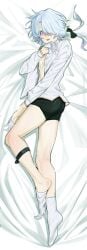 bana_gameg blue_eyes blue_hair blush embarrassed femboy hiding laying_on_bed male_only misha_(honkai:_star_rail) nervous soft_skin twink underwear