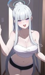 1girls belly belly_button blue_archive breasts busty cleavage door female female_only halo inviting large_breasts looking_at_viewer midriff naughty_face nexon noa_(blue_archive) ponytail purple_eyes shorts smile tank_top white_hair