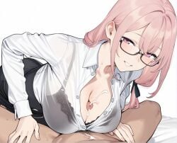 1girls ai_generated blush bra breasts busty cum female glasses hoyoverse huge_breasts milf mommy naughty_smile paizuri paizuri_lead_by_female paizuri_under_clothes penis penis_between_breasts pink_eyes pink_hair see-through see-through_clothing tsukishiro_yanagi zenless_zone_zero