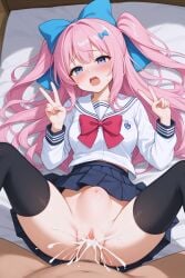 ai_generated blue_eyes blue_ribbon cum cum_in_pussy cum_inflation cum_inside flanofart hair_ornament long_hair male penis pink_hair school school_uniform schoolgirl sex stomach_bulge tagme thighhighs vagina vaginal_penetration vaginal_sex