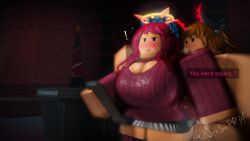 1boy 1boy1girl 3d ball barbed_penis blush breasts dripping_penis female halo hand_on_penis hand_on_shoulder horns large_breasts naked_male open_clothesopen_mouth open_mouth orange_hair original_characters phone precum precum_drip red_hair roblox robloxian seesee skirt surprised sweat sweater text