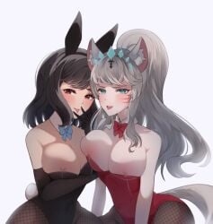 2girls bunny_ears bunnysuit fishnets simple_background