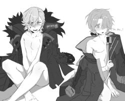 2boys bana_gameg coat_on_shoulders embarrassed femboy hiding_erection hiding_penis lyney_(genshin_impact) mad male_only misha_(honkai:_star_rail) naked soft_skin twink