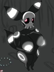 anthro areola bone breasts candle cemetery creepy dark_body drow462 duskull eeveelution female fusion generation_2_pokemon generation_3_pokemon genitals glowing glowing_areola glowing_breasts glowing_eyes glowing_markings glowing_nipples grave hi_res high-angle_view looking_at_viewer markings misty_(glitchy519) night nintendo nipples nude nude_anthro nude_female plant pokefusion pokemon pokemon_(species) pokephilia pussy red_eyes skull skull_head solo tail tombstone tree umbreon zoophilia