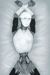 1boy alternate_version alternate_version_available arms_behind_head artist_signature bed bed_covers bed_sheet bedding_background bedroom_eyes blue_eyes featureless_chest featureless_crotch i,_robot lying lying_on_back lying_on_bed male mechanical_fixation mechanophilia no_hair questionable robot robot_boy robot_humanoid robotic self_upload sonny_(i,_robot) submissive submissive_male submissive_pose teal_eyes technophilia tekhn0philia_(artist) watermark white_body white_skin wires