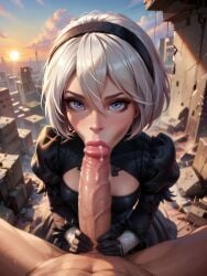 1boy1girl 1girls ai_generated big_penis blowjob cum ejaculation eye_contact fellatio licking licking_penis looking_at_viewer male_pov nier:_automata penis ragen ragen_nsfw sucking yorha_2b