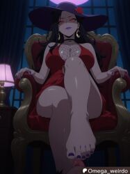 1girl 1girl1boy ai_generated black_hair boku_no_hero_academia cleavage dark_room deborah_gollini dominant_female dress earrings faceless_male feet foot_fetish foot_lick foot_worship glowing_eyes hat hypnosis hypnotic_eyes licking_foot long_hair looking_down mommy my_hero_academia omega_weirdo patreon purple_lipstick purple_nails red_eyes sitting sitting_on_chair slave_male sunhat worship