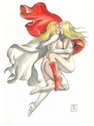 2girls blonde_female blonde_hair breasts crossover dc dc_comics emma_frost female female_only gene_espy hellfire_club kara_zor-el large_breasts lesbian_kiss marvel marvel_comics pinup supergirl white_queen x-men yuri