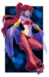 1girls belly belly_dancer belly_dancer_outfit circlet dancer dancer_outfit earrings female green_eyes happy harem_outfit harem_pants iesupa inviting large_breasts looking_at_viewer navel ponytail pyrrha_nikos red_hair rwby shantae shantae_(cosplay) smile smooth_skin veil very_long_hair voluptuous