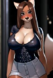 ai_generated animal_ears blush breasts_bigger_than_head brown_eyes brown_hair canid canine canine_girl cleavage eyeshadow furry furry_female furry_focus furry_only large_breasts long_hair looking_at_viewer majorfluffy narrow_waist novelai pov shorts smile solo solo_female solo_focus tight_clothing topwear two-tone_fur wide_hips