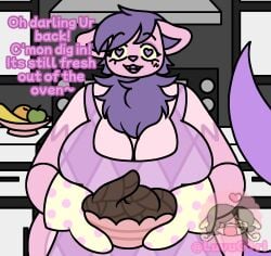 anthro apron ass big_butt bowl_of_fruit chest_tuft clothing domestic_cat feces felid feline felis female grey_background hair heart_eyes heart_symbol hi_res kitchen_counter kuro_(afoxcalleddunken) luvugirl lynx mammal mostly_nude neck_tuft overweight purple_body purple_eyes scat short_hair simple_background solo speech_bubble text transparent_tail tuft yellow_sclera