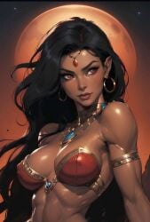 1girls 2023 abs ai_generated black_hair collar dark-skinned_female dark_skin dejah_thoris deviantart deviantart_link earrings female_only harem_outfit hoop_earrings jewelry long_hair moon moon_background nipple_bulge red_bra red_eyes solo strapless_bra