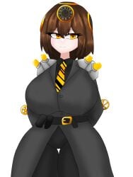 amber_eyes belt big_breasts black_coat black_suit brown_hair clock clock_man_(skibidi_multiverse) future_clockman_(skibidi_toilet_multiverse) miss_moji necktie short_hair skibidi_toilet skibidi_toilet_multiverse white_background yellow_eyes