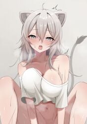 1girls ahoge animal_ears blush breasts collarbone cropped_shirt dot_nose eyelashes female grey_eyes grey_hair hair_between_eyes highres hololive hololive_gen_5 hololive_japan implied_sex large_breasts light-skinned_female light_skin lion_ears lion_tail looking_at_viewer oerba_yun_fang open_mouth shina_eno shirt shishiro_botan short_sleeves solo steam sweat tail teeth tongue upper_teeth_only virtual_youtuber white_shirt