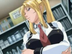 00s 2006 animated animated arms_crossed bible_black bible_black_only blonde_hair bookshelf breasts female high_ponytail leaning_forward long_hair lowres necktie ponytail purple_eyes saeki_kaori school_uniform sideboob smile tagme