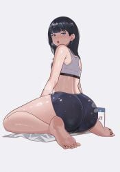 absurdres ass back barefoot black_hair black_shorts blue_eyes blush grey_background grey_sports_bra gridman_universe gridman_universe_(film) highres long_hair looking_at_viewer open_mouth shee-p_(inemurisheep113) shorts simple_background sitting soles sports_bra ssss.gridman sweat takarada_rikka teeth thick_thighs thighs toes upper_teeth_only wariza