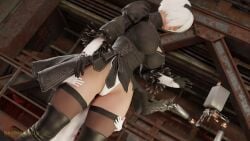 1girls 3d anon breasts clothing female female_focus giantess holding_thigh light-skinned_female light_skin mini_giantess nier nier:_automata pod_(nier) ravenkinggts ripped_clothing short_hair size_difference thighhighs torn_clothes white_hair yorha_2b