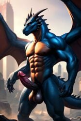 ai_generated anthro balls big_balls big_penis blue_body claws dracthyr fingers horns humanoid_genitalia humanoid_penis male male_only muscular muscular_male scalie smile solo tail veiny_penis warcraft wings world_of_warcraft