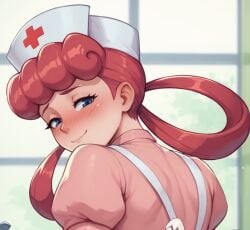 blue_eyes blush hair_ring nurse_hat nurse_joy paulinebabe pink_dress pink_hair pokemon white_ribbon window