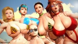 1boy 3d 3d_(artwork) 4girls abs android_18 android_21 android_21_(human) bald bikini bikini_top black_hair blonde_female blonde_hair blue_eyes blue_hair breasts bulma_briefs bulma_briefs chichi cleavage dragon_ball dragon_ball_super dragon_ball_super_super_hero dragon_ball_z earrings female female_focus glasses huge_breasts krillin krillinresort kuririn necklace nipples nipples_visible_through_clothing oiled oiled_skin red_hair staring_at_viewer sunglasses vomi_(dragon_ball) watermark