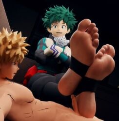 3d bakugou_katsuki boku_no_hero_academia crossed_ankles cumming feet feet_fetish foot_fetish footjob gay giant izuku_midoriya katsuki_bakugou macrophilia male_only midoriya_izuku mrgtsfloop my_hero_academia nude_male_clothed_male soles stirrup_legwear