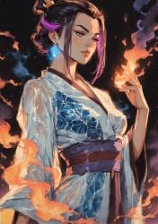 1girls ai_generated avatar_the_last_airbender azula black_hair breasts earrings female fire hand_up japanese_clothes jewelry kimono lips medium_breasts sash self_upload solo spare1632