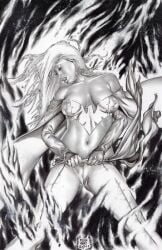 black_and_white breasts cameltoe emma_frost female female_only frontal_wedgie gene_espy hellfire_club large_breasts marvel marvel_comics phoenix pinup pussy pussy_bulge white_queen x-men