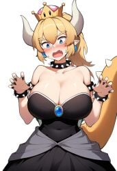 1girls ai_generated black_dress black_nails blonde_female blonde_hair blonde_hair_female blue_earrings blue_eyes blush bowser bowsette breasts breasts_bigger_than_head cleavage crown deep_cleavage embarrassed female female_focus female_only gender_transformation genderbent genderswap_(mtf) horns male_to_female mario_(series) ponytail rule_63 spiked_cuffs super_crown surprised tail transformation