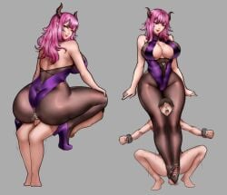 1boy1girl boob_window buttjob demon_girl demon_horns femdom footjob footjob_with_legwear head_between_thighs headscissor pandak_(artist) pink_hair size_difference small_penis succubus