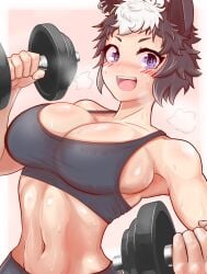 1girls athletic_female belly_button big_breasts breast_squeeze breath clothed color dumbbell horse_girl light-skinned_female looking_at_viewer midriff multicolored_hair purple_eyes shiroganeff smile sweat tagme tight_clothing tomboy