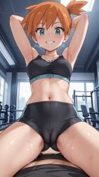 ai_generated cowgirl_position gym_clothes kasumi_(pokemon) kasumi_(pokemon) sweat