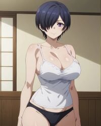 ai_generated asian asian_female athletic_female bare_legs big_breasts black_hair hair_over_one_eye huge_breasts huge_thighs kirishima_touka light-skinned_female light_skin looking_at_viewer massive_breasts panties purple_eyes short_hair smiling solo_female squatting subaruarm sweat sweatdrop tank_top thick_thighs thighs tokyo_ghoul voluptuous voluptuous_female